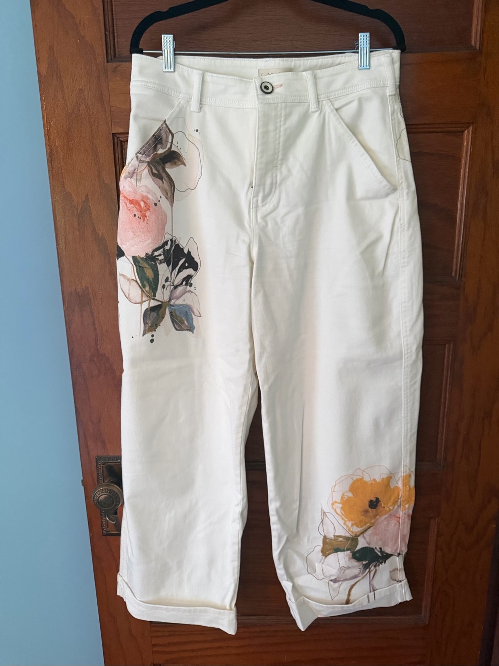 Anthropologie Cream Cropped Jeans with Pink & Yellow Floral Print